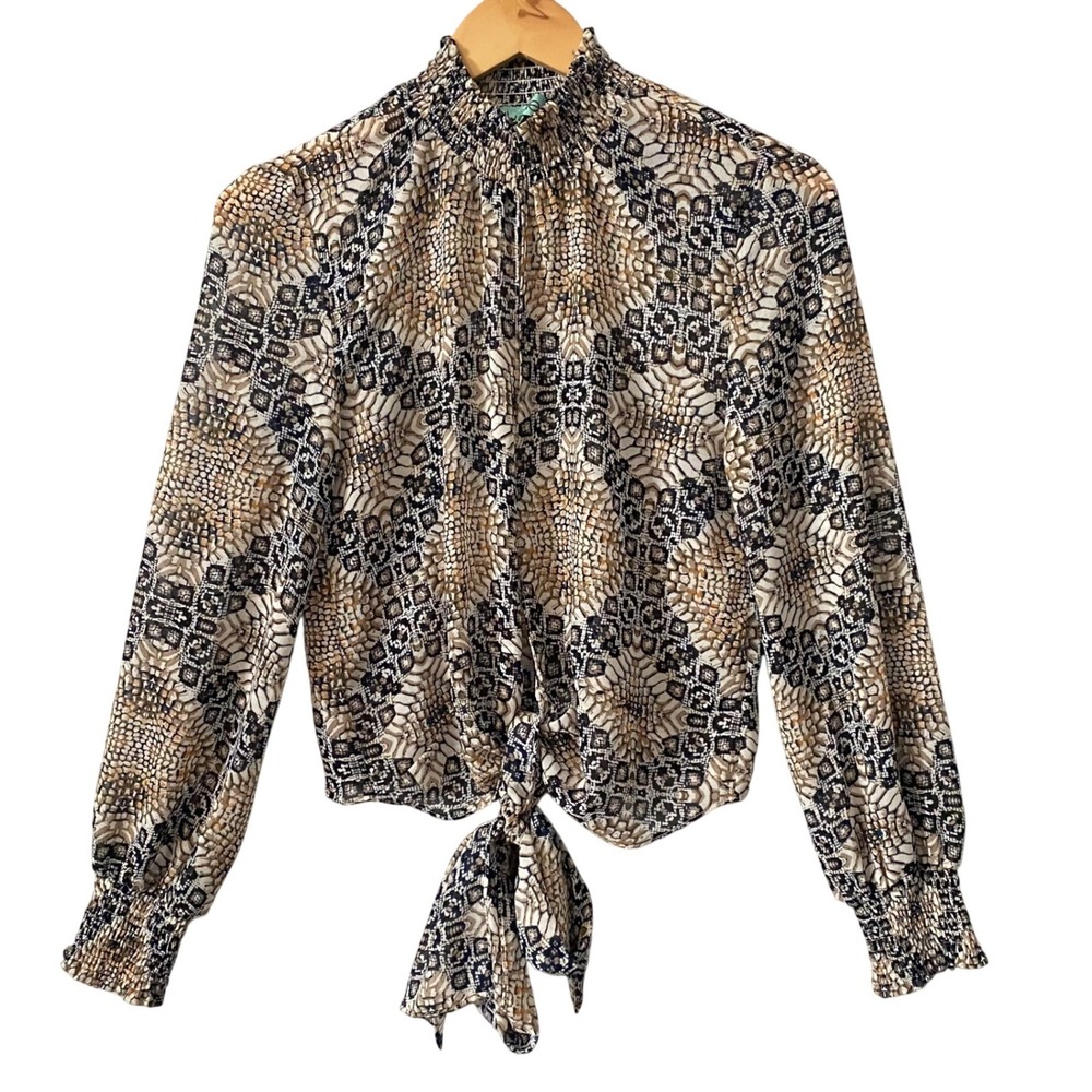 Karlie Sz Sm Snakeskin Geometric Smocked High Neck Front Tie Blouse Tan Brown
